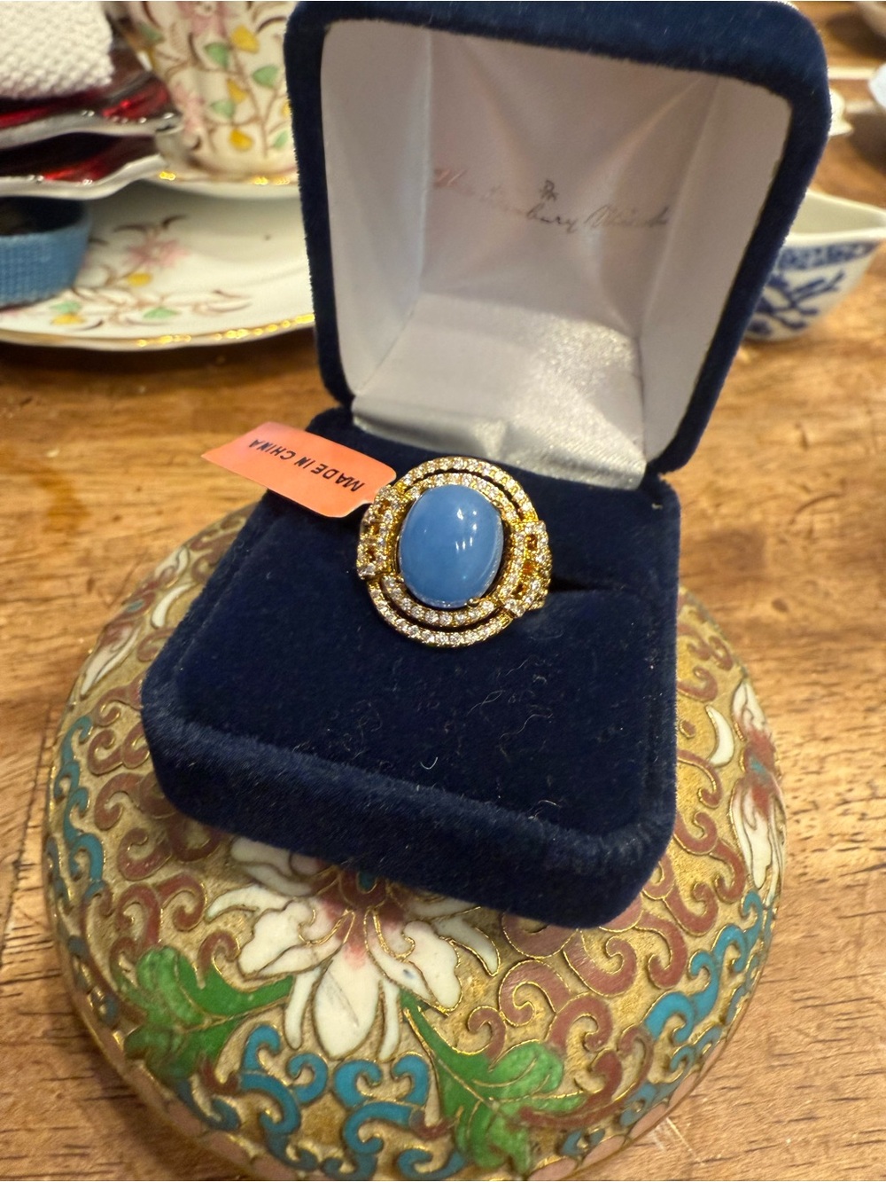 Blue Cabochon Statement Ring Gold Tone Crystal Halo Ring